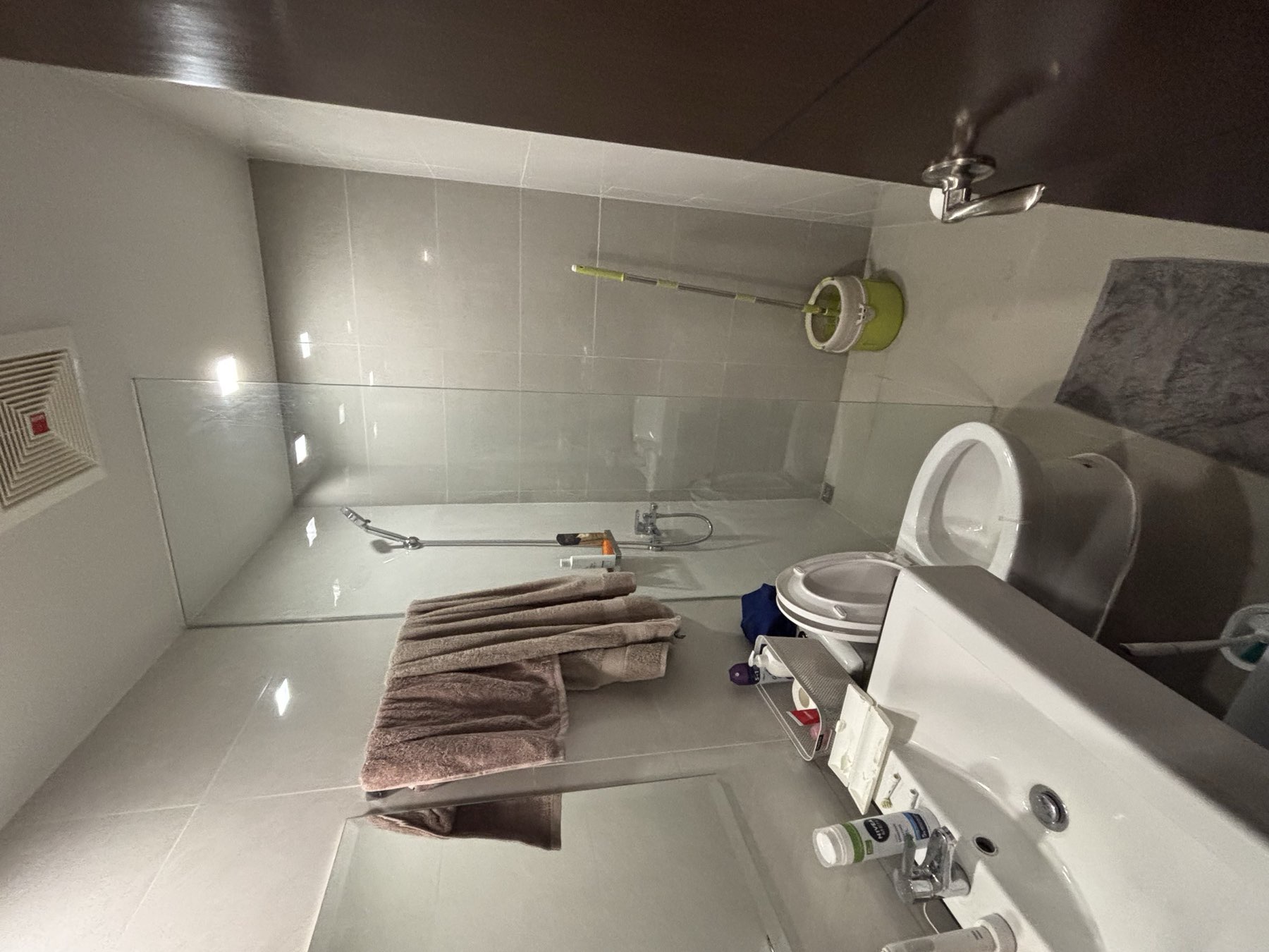 Second bathroom with a glass-enclosed shower, basin, and toilet